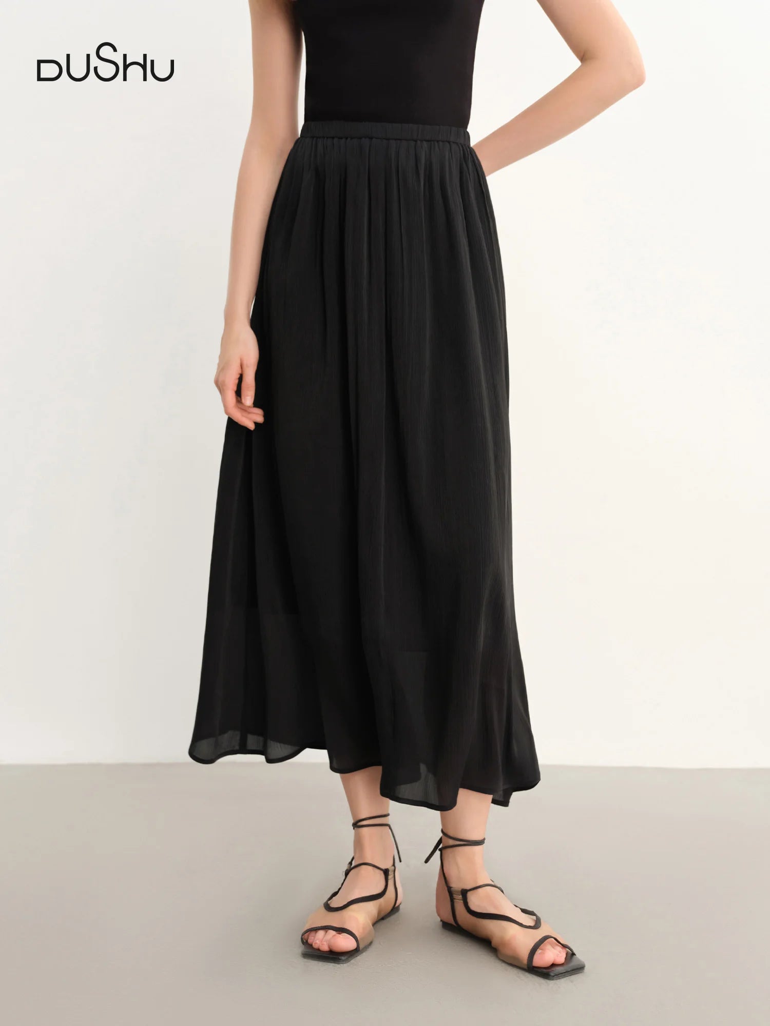 DUSHU Plus-Size Women's Lightweight Flowing A-Line Skirt - 2025 Summer New Fashionable Commute Long Dress 25DS82792