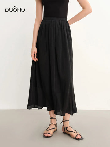 DUSHU Plus-Size Women's Lightweight Flowing A-Line Skirt - 2025 Summer New Fashionable Commute Long Dress 25DS82792