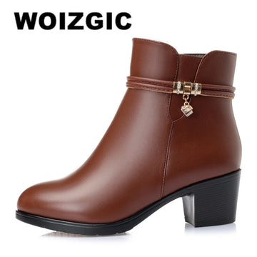 WOIZGIC Women's Ladies Mother Famale Winter Ankle Genuine Leather Fur Warm Wool Plush Shoes Boots Zipper Mid Heel Plus Size 43