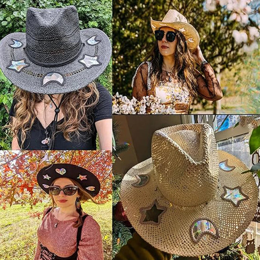 Cowgirl Straw Prism Hat Suncatcher Hand-Woven Wide Shapeable Brim Rainbow Prism Hat Sun Beach Western Cowboy hat for Women