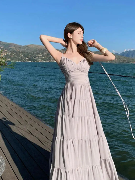 French Retro Women Grey V Neck Sexy Sleeveless Slip Long Dress Summer Orange High Waist Backless Vacation Party Dresses Fashion