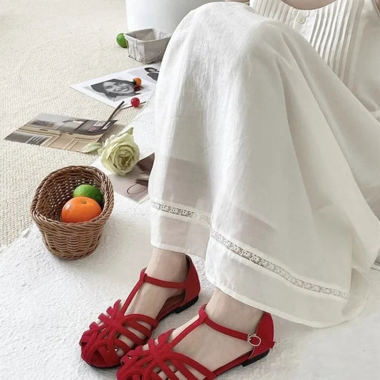2025 Summer Fashion Weaving Hollow Flat Bottom Baotou Comfortable Soft Bottom Sandals for Women's Casual Versatile Sandals