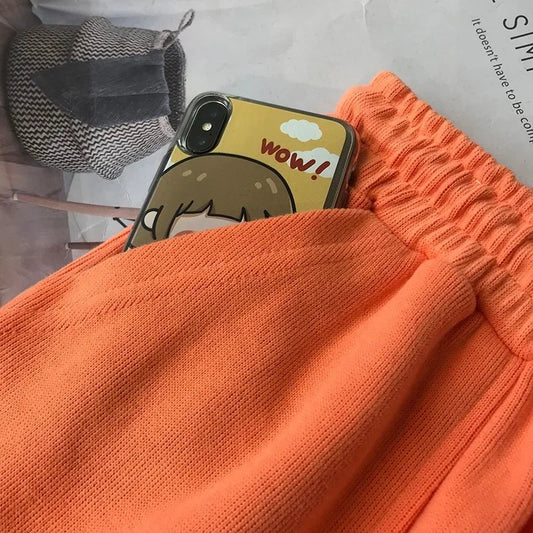 Sporty Orange Five-Quarter Length Women's Loose Straight Leg High Waist Drawstring Thin Casual Pants Summer New Style