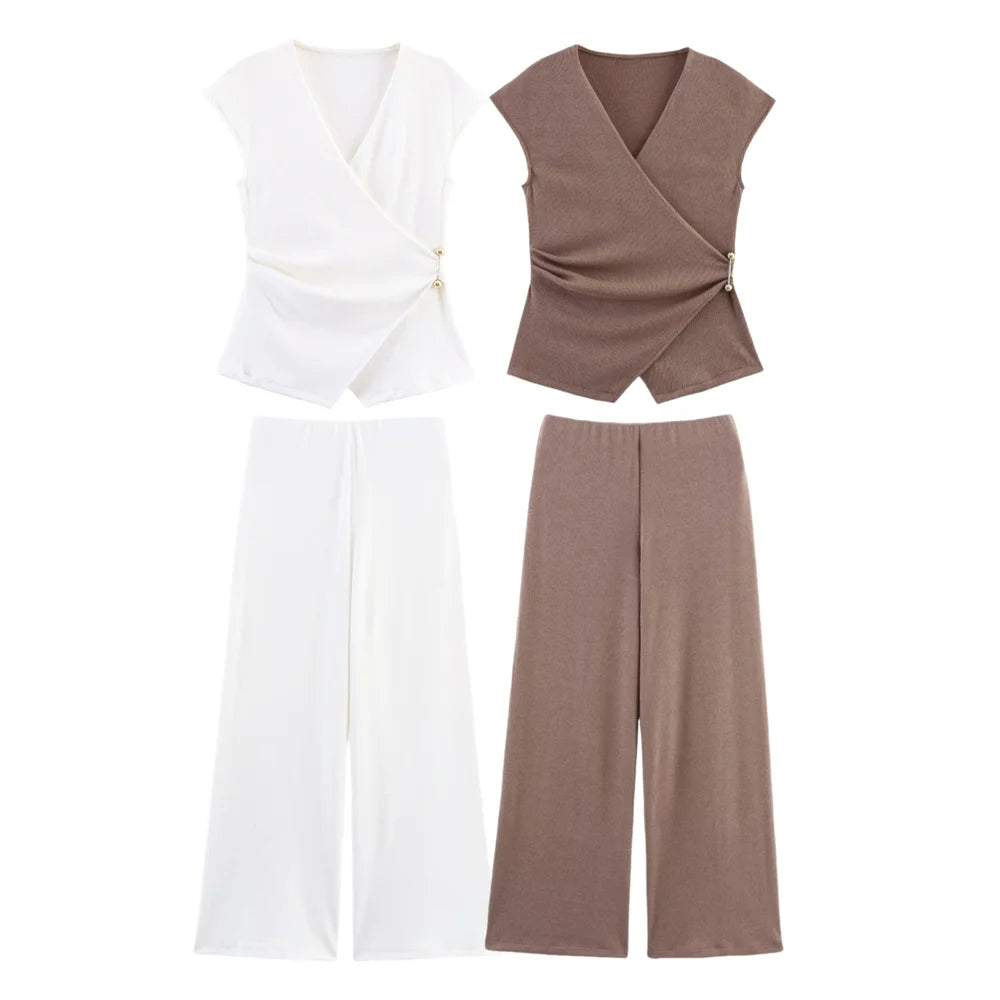 MYST&ZA2025 Summer New Women's Wear Pin-Decorated Sleeveless Double-Breasted V-Neck Top + Simple Mid-Waist Casual Pants Set