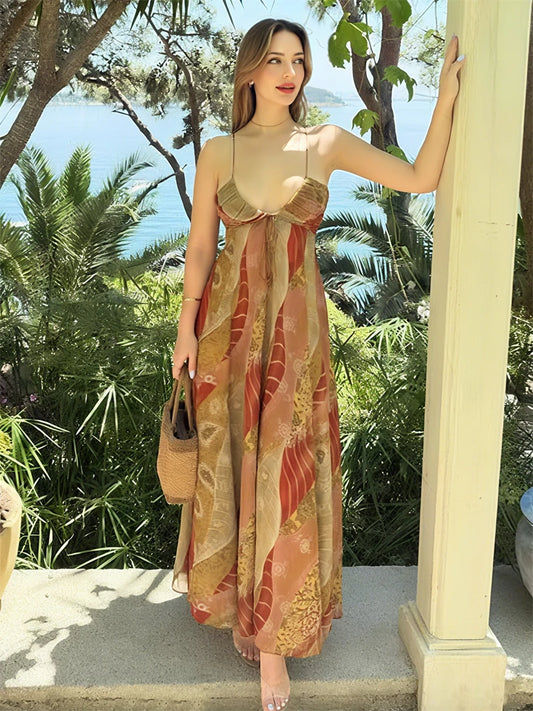 HXAO Slip Printing Womens Dresses Floral Sleeveless Boho Evening Party Long Dresses Summer Beach Bohemian Backless Flower Female