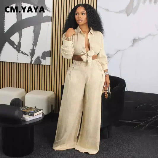 CM.YAYA Women's Set Tie Up Long Sleeve Shirt and Pocket Loose Wide Leg Pants Autumn Street Two 2 Piece Sets Outfits Tracksuit