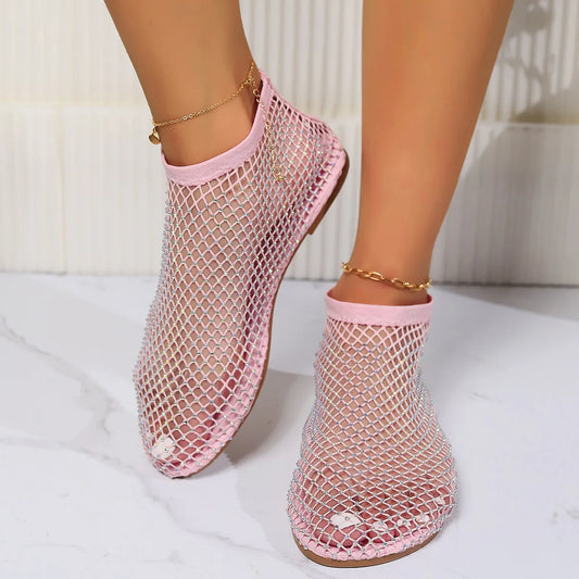 2024 Summer Women's New Round Toe Flat Bottom Sandals Hollow Short Boots Water Diamond Sexy Flat Bottom Fashion Banquet Slippers