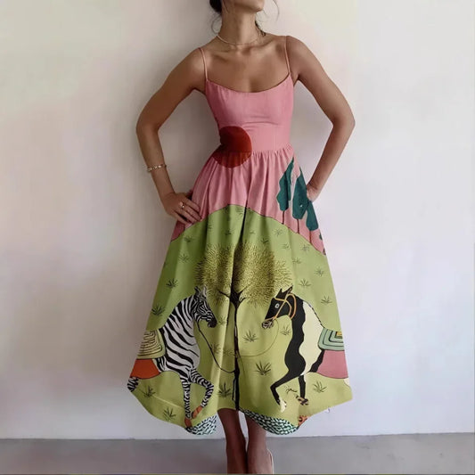 Spring New Women's Sexy Floral Print U-Neck Sleeveless Dress Empire Waist Gored Skirt Long Knee-Length Gown for Ladies