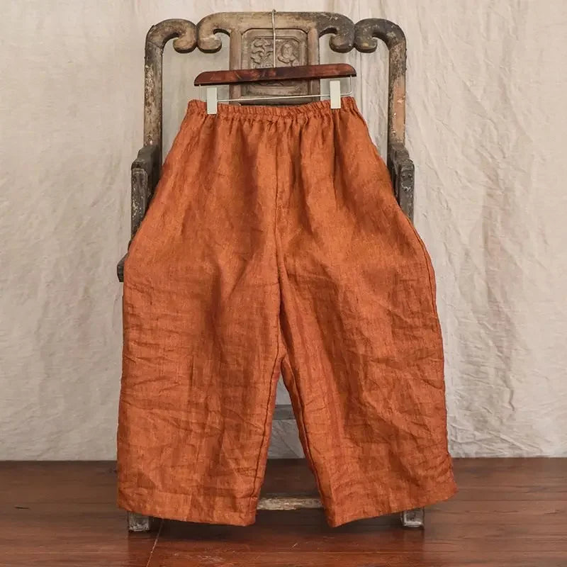 Summer Loose Casual Cotton Linen Wide Leg Pants Straight Cut Trousers Nine Points Color Woven Comfortable Drapey Women's Pants