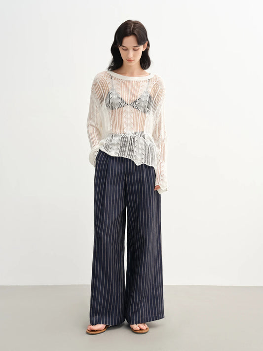 DUSHU Women's Lazy Style Straight Wide-leg Pants 2025 Summer New Striped Versatile High Waist Casual Pants 25DS82754