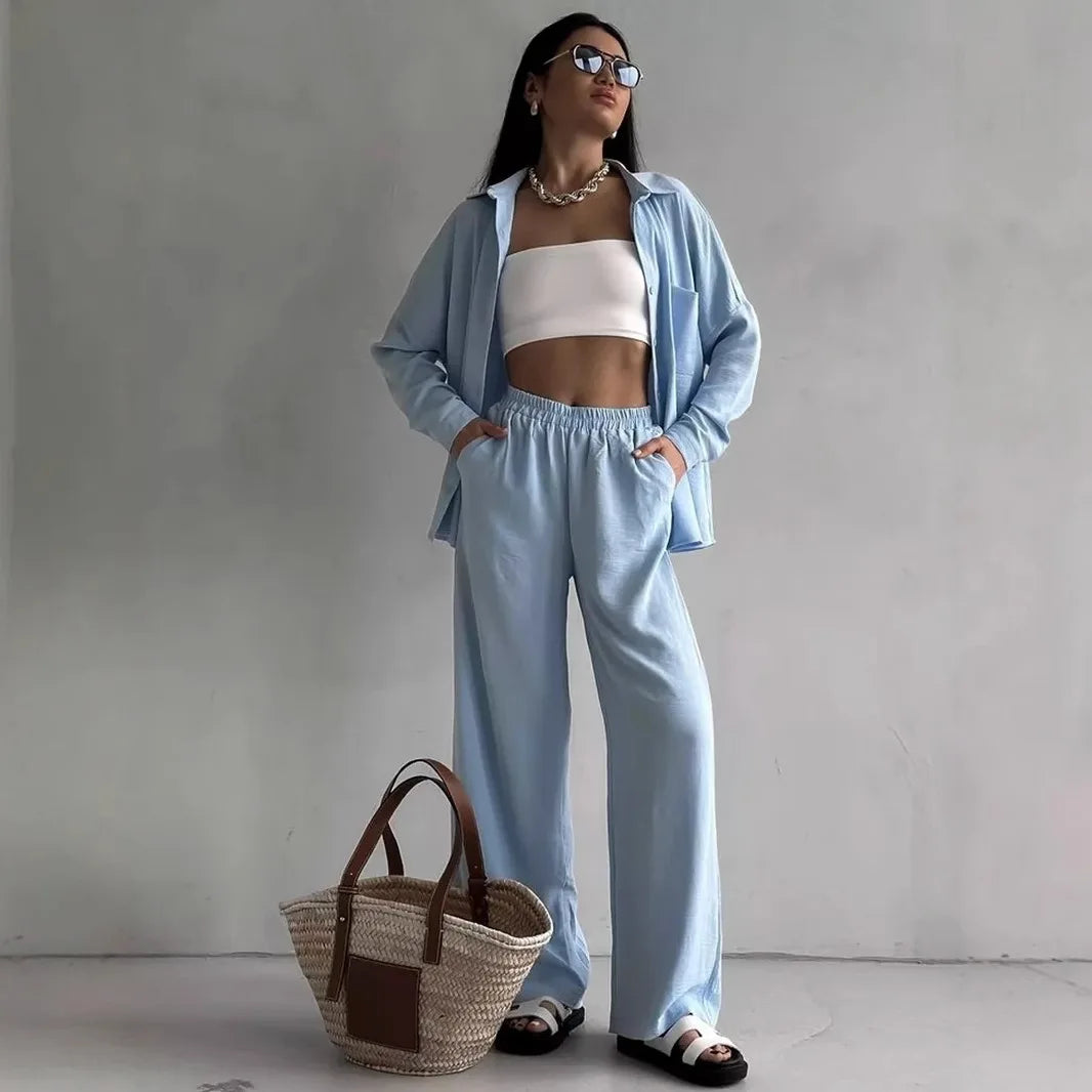 Solid Color Casual Loose Pants Sets For Women 2025 Elegant Autumn Women's Two Pieces Suit Full Trouser Set Female Outfit Clothes