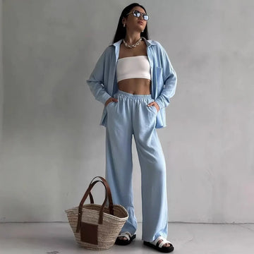 Solid Color Casual Loose Pants Sets For Women 2025 Elegant Autumn Women's Two Pieces Suit Full Trouser Set Female Outfit Clothes