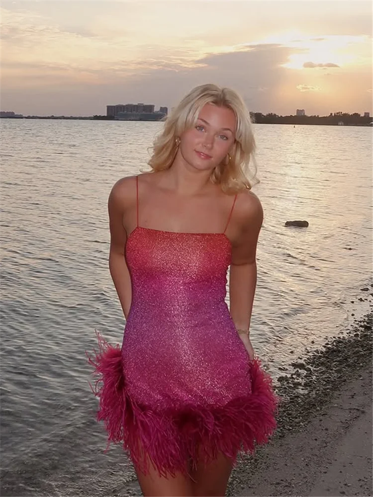 Feather Decoration Glitter Halter Dress Woman Slim Gradient Short Dresses Luxurious Shimmering Women's Vacation New Mini Dress