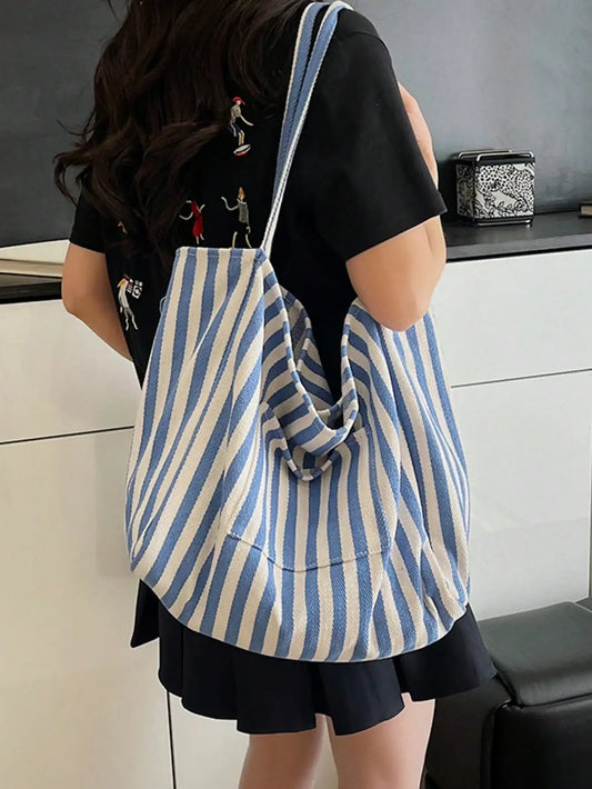 retro chic striped canvas tote bag korean fashion casual spacious shoulder bag for women suitable for travel and vacation