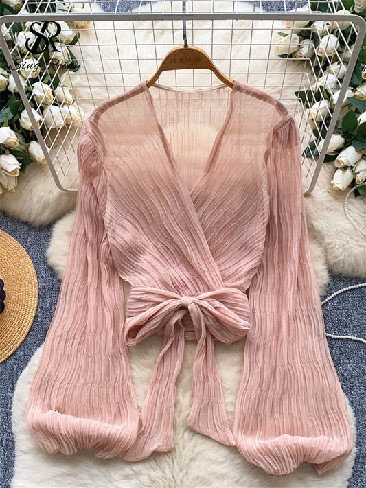 SINGREINY Summer Thin Sheer Tops Puff Sleeves Cross Lace Up V Neck Blouses Women Fashion Y2K Vintage Beachwear Sun-proof Shirt