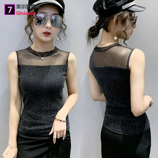Spring Summer T shirt For Women New Fashion Sleeveless Tank Top Slim Fit Fashion Sexy Bright Silk Shirt
