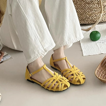 2025 Summer Fashion Weaving Hollow Flat Bottom Baotou Comfortable Soft Bottom Sandals for Women's Casual Versatile Sandals
