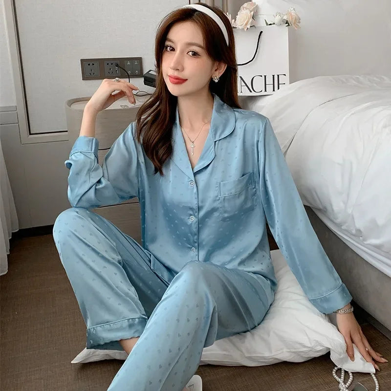 High Quality Pajamas Suit Women Spring Autumn Ice Silk Jacquard Long Sleeve Sleepwear Suit Large Size Female Thin Loungewear