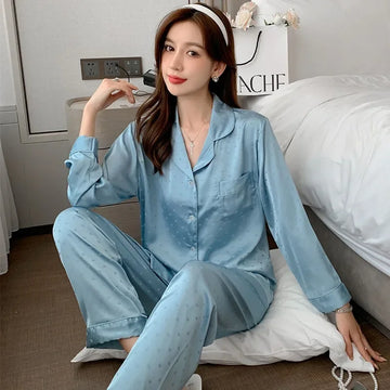 High Quality Pajamas Suit Women Spring Autumn Ice Silk Jacquard Long Sleeve Sleepwear Suit Large Size Female Thin Loungewear