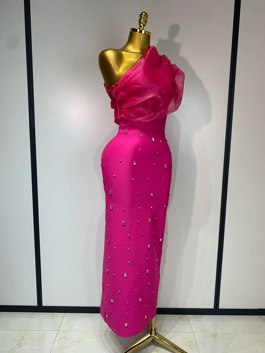 Women Sexy One Shoulder Shinning Crystal Bodycon Bandage Long Dress Celebrate Birthday Elegant Evening Party Club Outfit