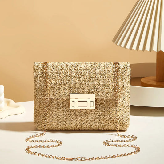 2025 Fashion Women Straw Shoulder Bag Woven Handmade Clutch Handbag High Capacity Female Lock Closure Simple Small Square Bag