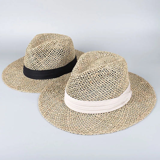 100% Natural Grass Straw Hat Women 2025 Summer Sun Protection Beach Sun Hat Wide Brim Panama Chapeau Sunhat Travel Jazz Caps