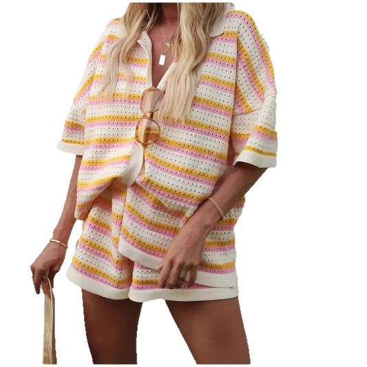 2025 Women's Summer New Style Casual Loose Lapel Hollow Fashion Striped Shorts Set Vacation Single Breakfast 2-piece Shorts Set