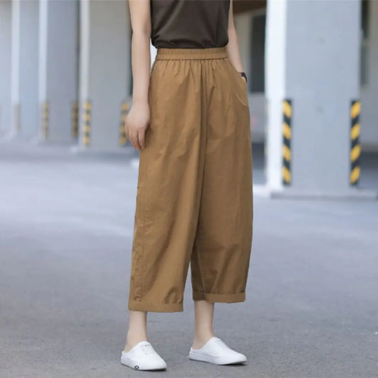 Women's Wide-leg Pants High Waist Summer Cotton Loose Ankle Length Pant Solid Korean Style Casual Harem Pants Women Streetwear