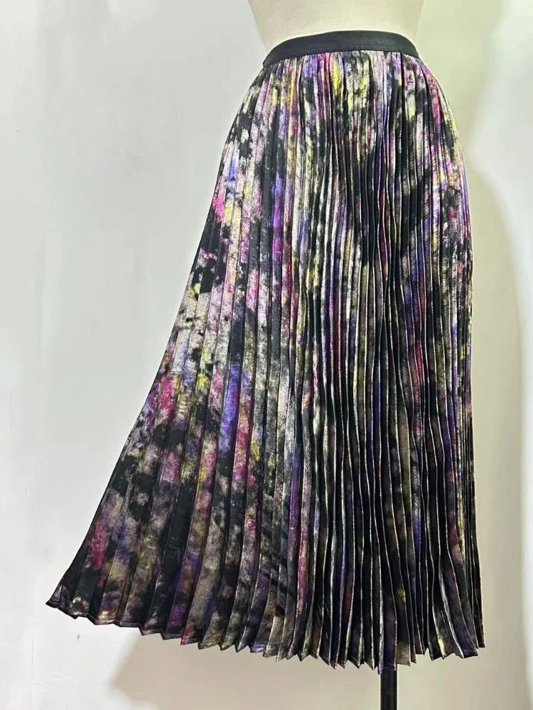 Polished Luster Lurex Midi Skirt Women's Shiny Metallic Luxury Pleated Skirt 2025 New In Boutique Clothing
