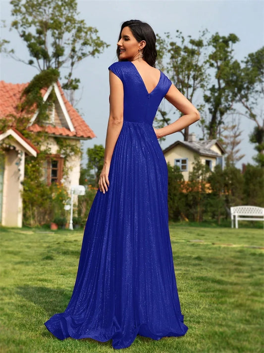 Luxury Deep V-Neck Chiffon Royal Blue Evening Dresses Women Elegant V-back Wedding Party Long Prom Cocktail Dress