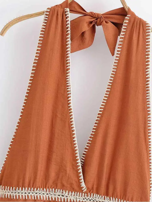 European style new women's fashion versatile temperament simple embroidery sleeveless V-neck midi dress