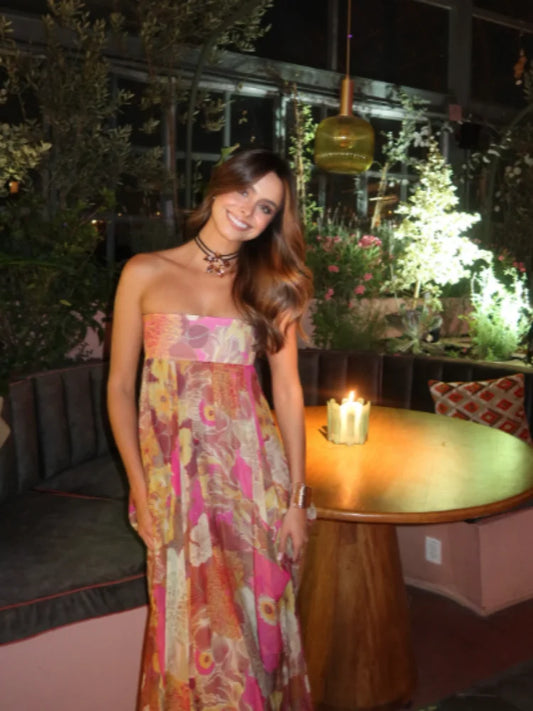 Retro Printed Strapless Long Dress Fashion Women's Sleeveless Off Shoulder Pleated Vestidos 2025 Summer Lady Beach Party Robes
