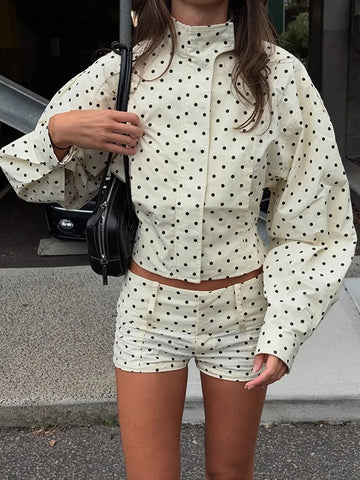 Polka Dots Print Jacket Shorts Set Women's Casual Full Sleeve  Zipper Stand Collar Coat Slim Short Pants 2025 Autumn New Outfit