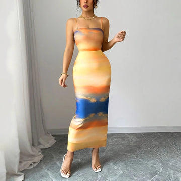 Sunset Print Summer Women Dress 2025 Bodycon Sleeveless Midi Dress Wedding Cocktail Party Dresses Suspender One-piece Long Skirt