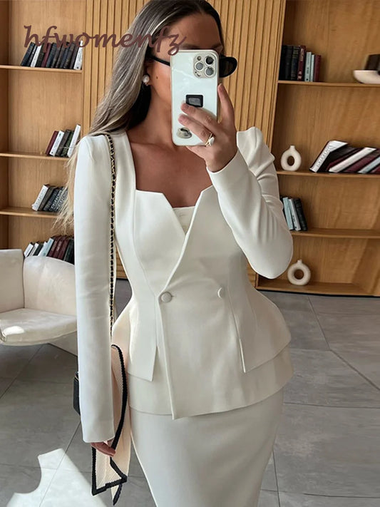 Elegant White Coat Skirt Set Square Collar Double Breasted Long Sleeve Blazer Hip Package Fashion Lady Skirt 2 Piece New Outfits