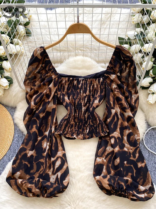 SINGREINY Sexy Leopard Print Crop Tops Puff Sleeve Ruched Off Shoulder Blouse 2025 French Style Autumn Women Streetwear Shirts