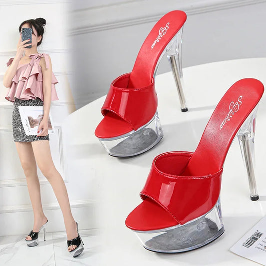 Mclubgirl Patent Leather Extra High Heels, Thin Heels, Sexy Waterproof Platform, Super High Slippers, Women's Summer LFD