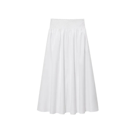 TRAF Midi Skirt Women Summer Mid Waist Women's Pleated Skirt Casual Smocked Waistband Lady Skirts Women's Flared Hem Skirt