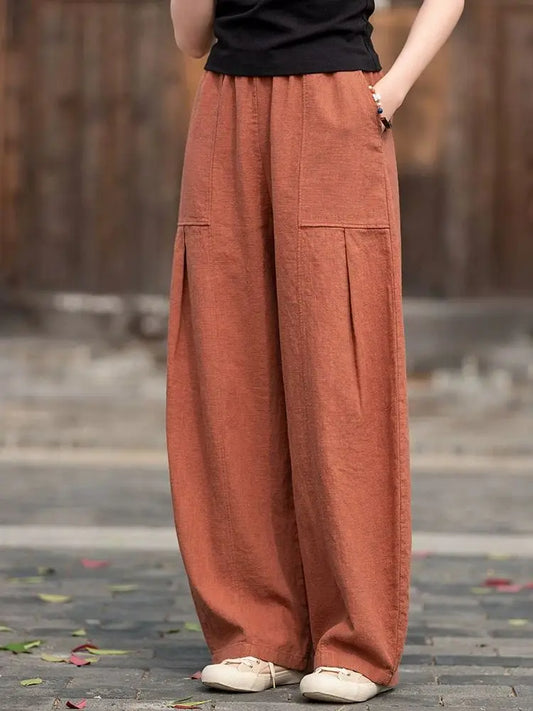 Summer Casual Women's Pants Cotton Linen Elastic Waist Loose Pocket Solid Color Harem Pants Women's Clothing