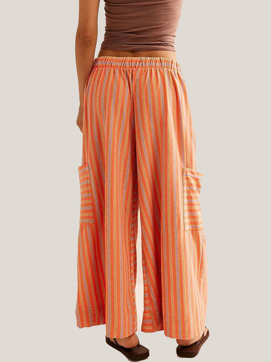2025 Summer Striped Straight Leg Pants Women's Drawstring Wide Leg Beach Casual Pants Hot Selling Breathable