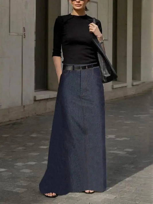 2025 New Fashion Imitation Denim H-Line High Waist Skirts Spring Summer Loose Solid Color Pockets Maxi Skirt For Women