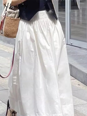 Yitimoky 2025 New Summer Arrival Commute Artistic Pleated A Line Midi Skirt Women Elastic Waist Loose Slimming Korean Skirt