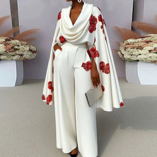 Women Pile Collar Fashion Two Pieces Sets, Button Fly Wide Leg Pants Simple Outfit, 2025 Spring Autumn Long Sleeve Ladies Suits