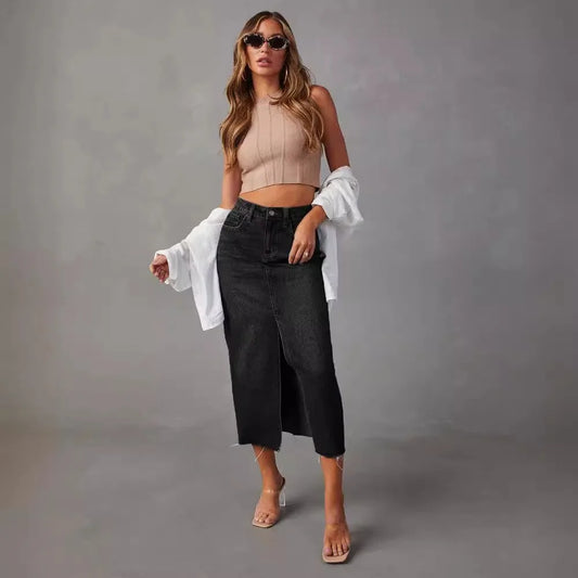 Hot Girl Skirt A-line Slit Slim Denim Skirt 2024 Spring and Summer