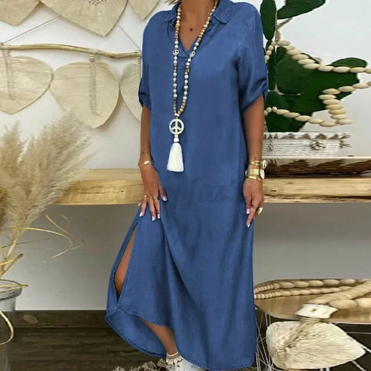 Large Size Women's L-5XL Plus Size Summer  Denim Short Sleeved Fashionable Dress, Casual Solid Color Lapel Large Size