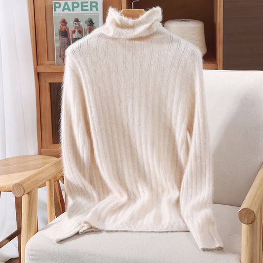Autumn Winter Solid Color Mink Fur Women's Pile Neck Hollowed Out Slim Fit Knitted Sweater, High Neck Base Pullover, Stylish New