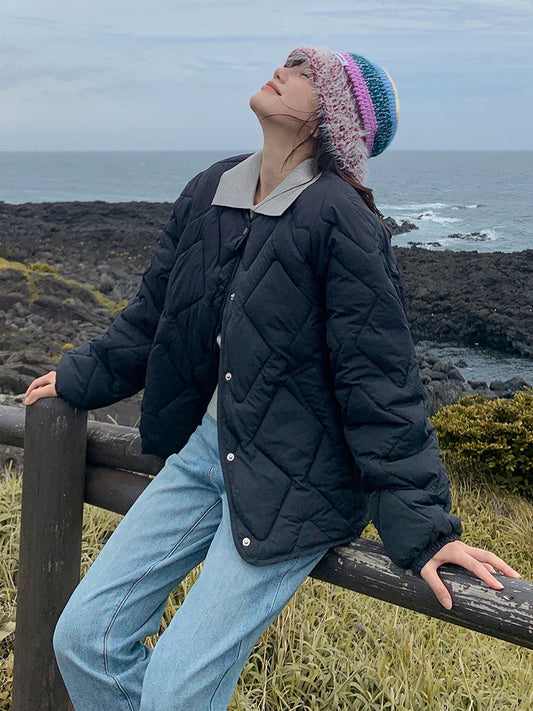 Autumn Winter Quilted Jacket Women Cotton Coat Warm Parkas Single-breasted Long Sleeve Design O-neck Outerwear Black Blue Yellow