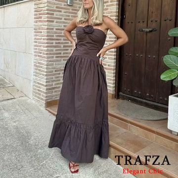 TRAFZA Elegant Sexy Brown Flower Halter Women Dress 2025 Summer Fashion Neck-mounted Backless Long Dress Evening Date Dress