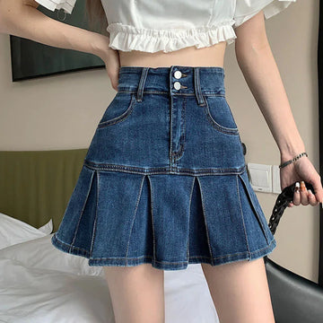 Lucyever Korean Style Women's Mini Denim Skirt Fashion High Waist A-Line Jean Skirts Woman 2025 Summer New Street Pleated Skirts