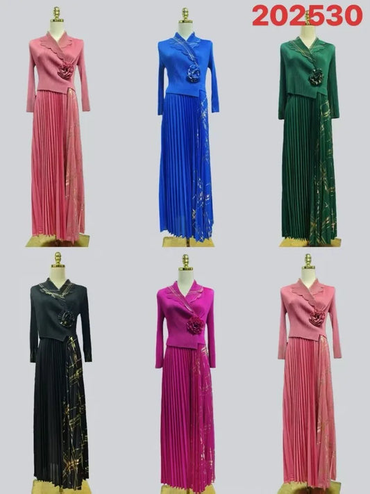 2025 Miyake Pleats Wholesale New Dresses Printed Suit Collar Fake Two Temperament Loose Women's Dress